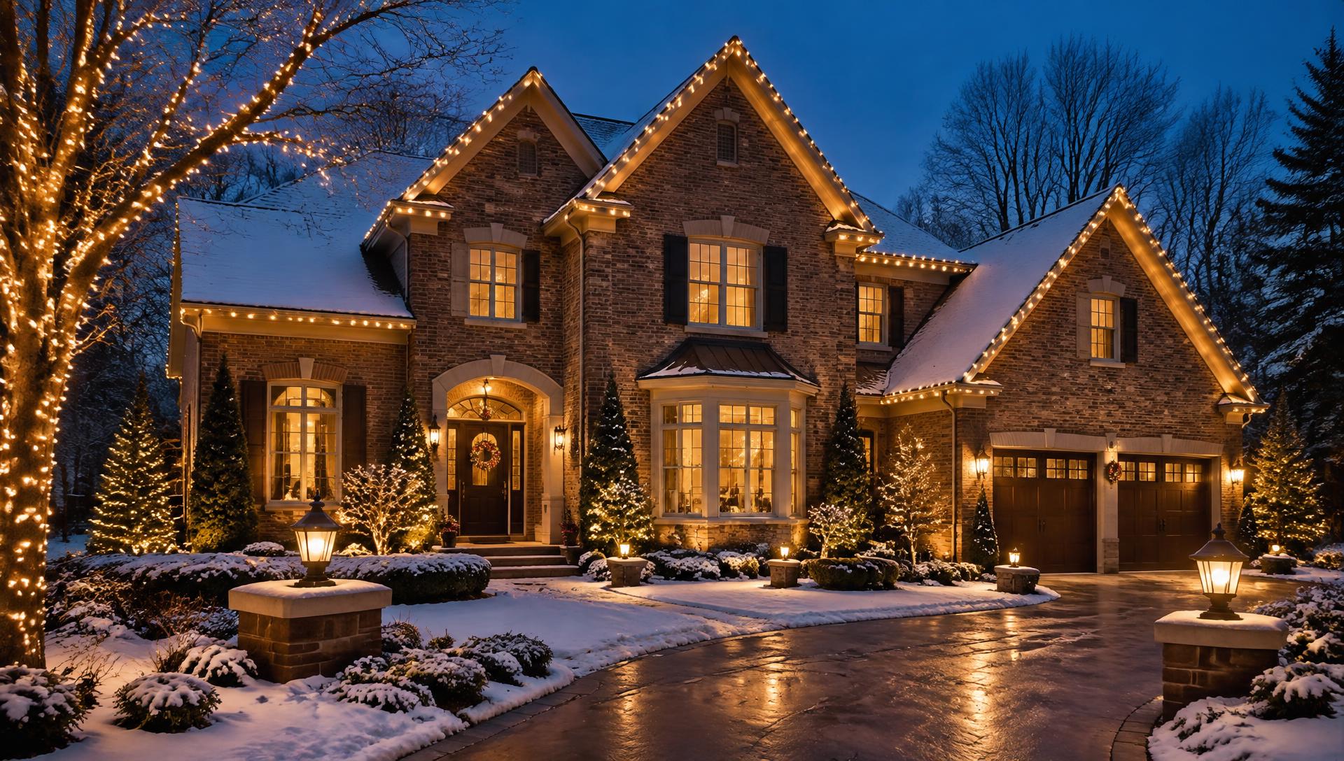 Luxury two-story Dallas home glowing with warm gold Christmas roofline lighting at dusk
